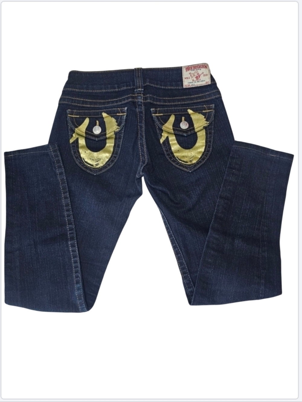 True Religion Y2K Dark Blue Low Rise Gold Horseshoe Flap Pocket Skiny Jeans 27